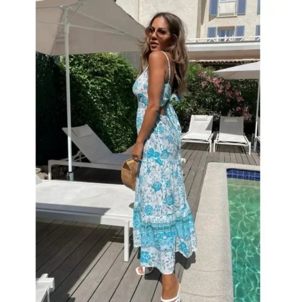 Blue Floral Print V-Neck Open Back Tiered Maxi Dress - Picture 8 of 15